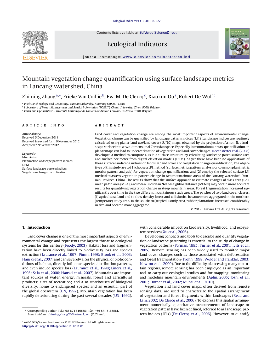 Mountain vegetation change quantification using surface landscape metrics in Lancang watershed, China