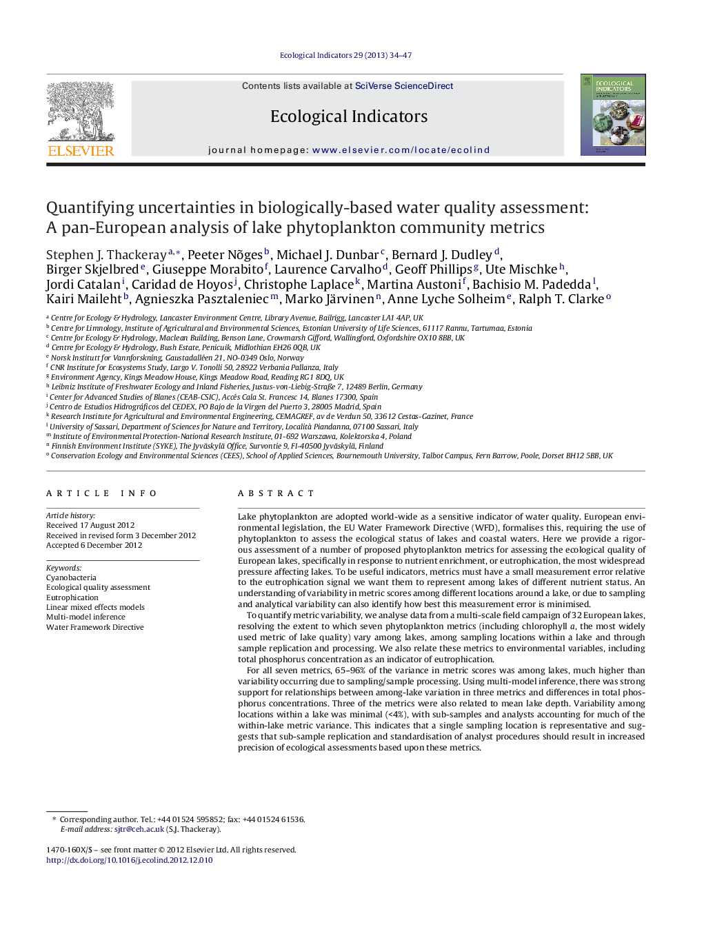 Quantifying uncertainties in biologically-based water quality assessment: A pan-European analysis of lake phytoplankton community metrics