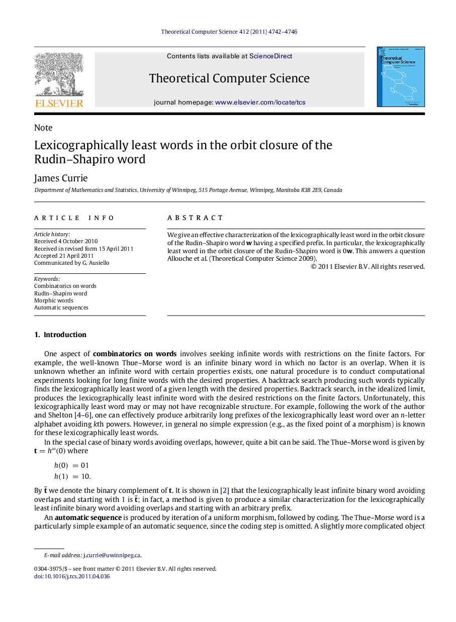 Lexicographically least words in the orbit closure of the Rudin–Shapiro word