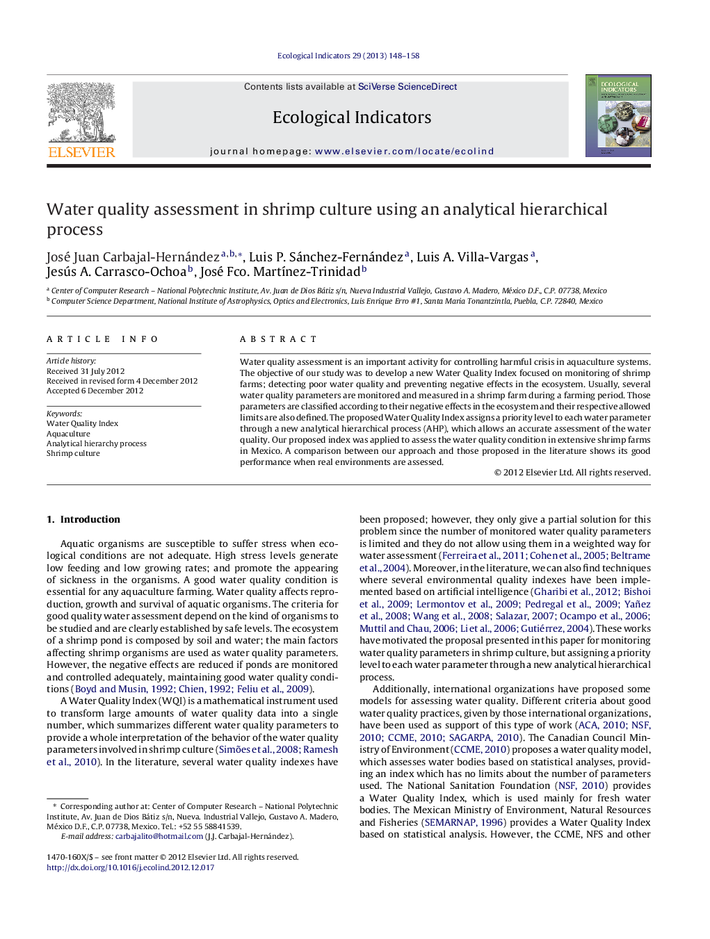 Water quality assessment in shrimp culture using an analytical hierarchical process