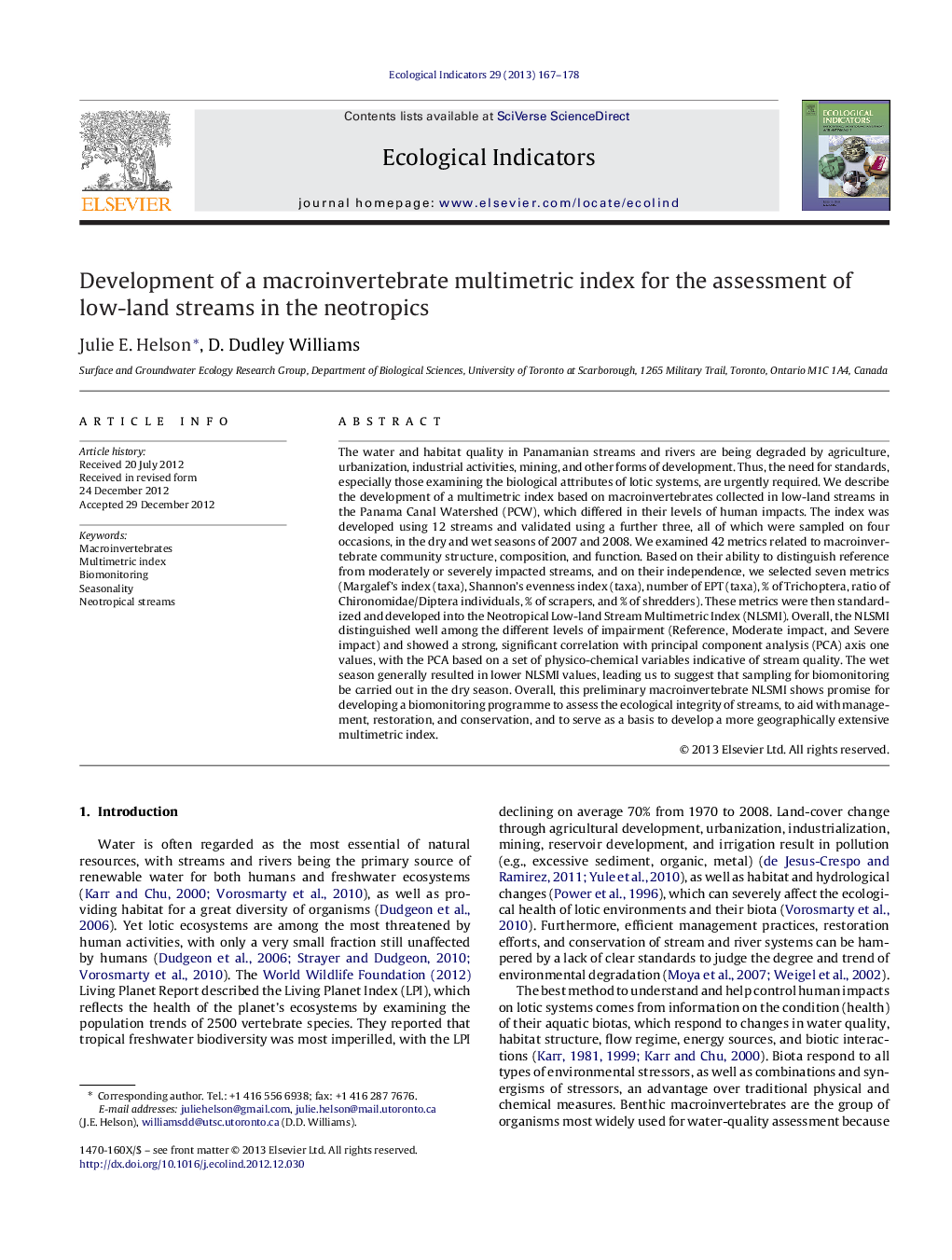 Development of a macroinvertebrate multimetric index for the assessment of low-land streams in the neotropics