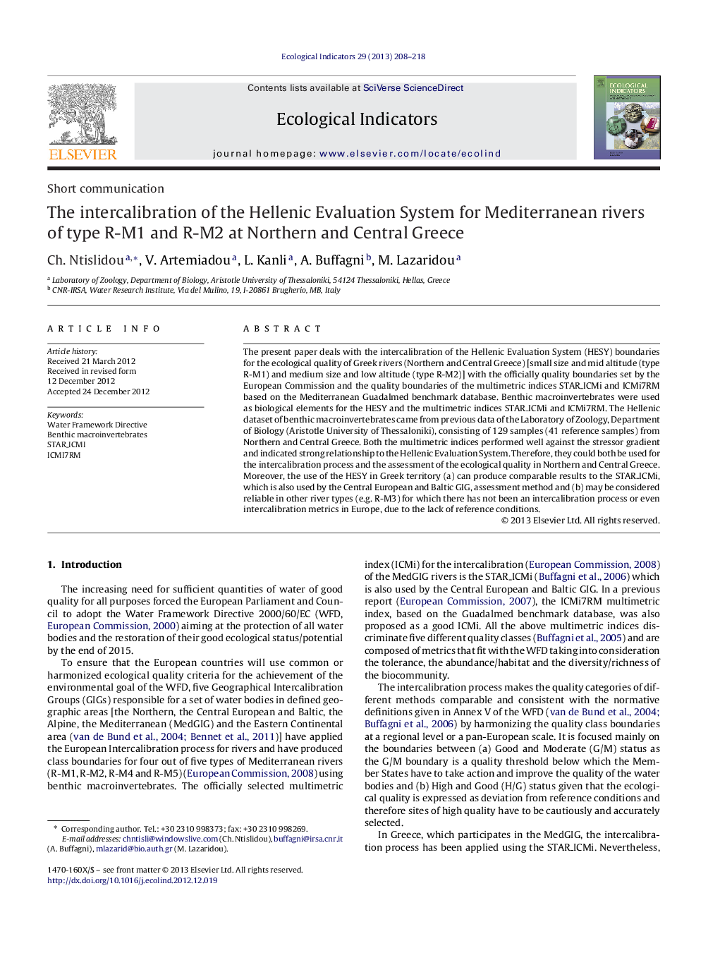 The intercalibration of the Hellenic Evaluation System for Mediterranean rivers of type R-M1 and R-M2 at Northern and Central Greece