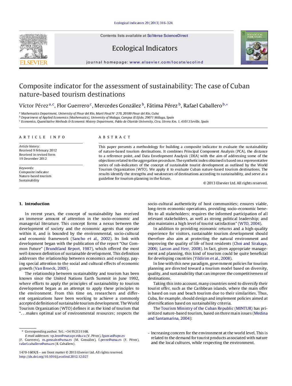 Composite indicator for the assessment of sustainability: The case of Cuban nature-based tourism destinations