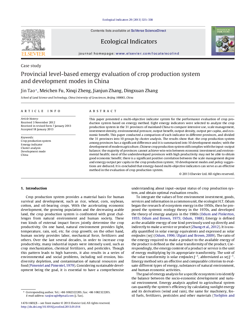 Provincial level-based emergy evaluation of crop production system and development modes in China