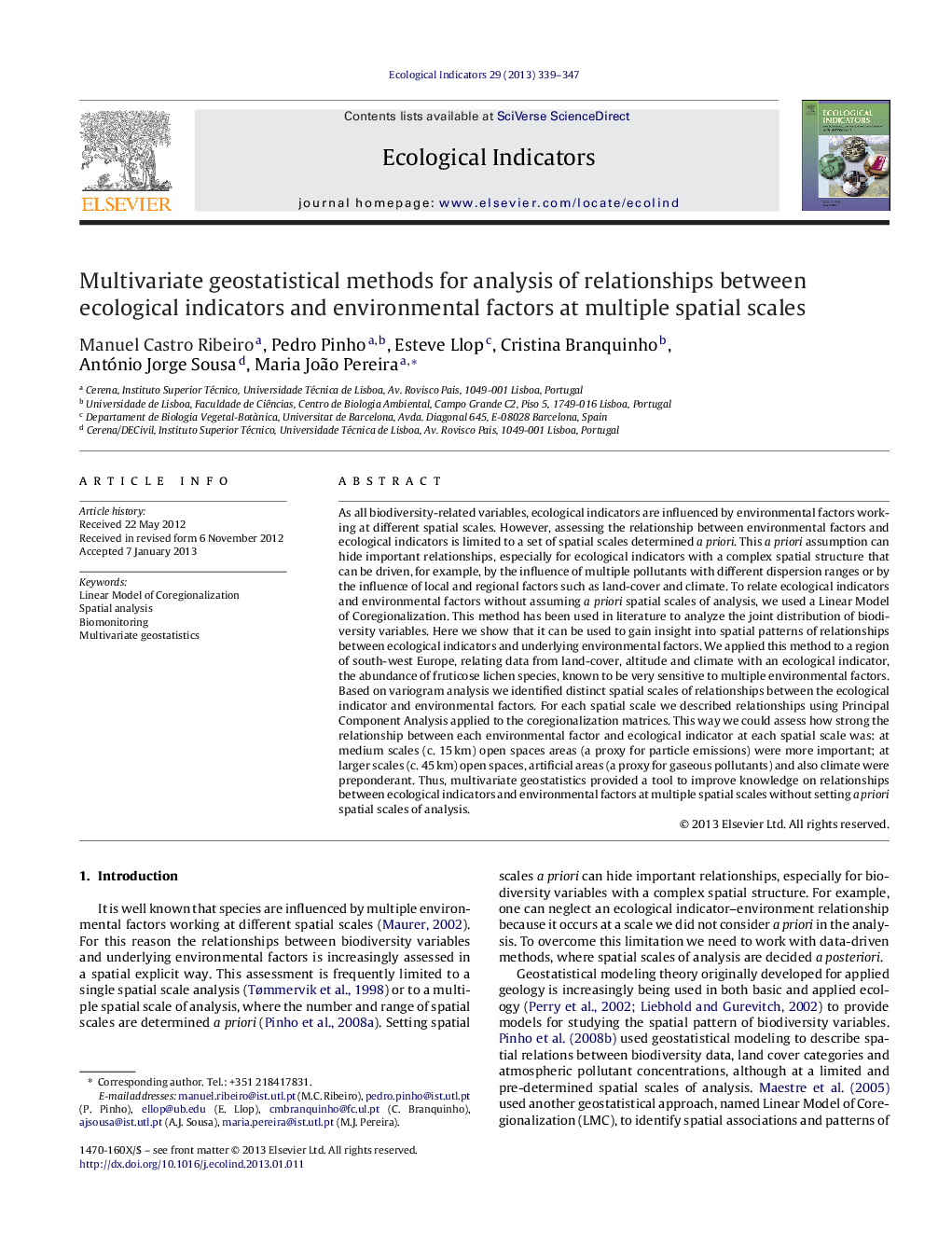 Multivariate geostatistical methods for analysis of relationships between ecological indicators and environmental factors at multiple spatial scales