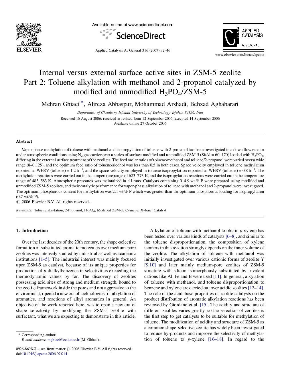 Internal versus external surface active sites in ZSM-5 zeolite: Part 2: Toluene alkylation with methanol and 2-propanol catalyzed by modified and unmodified H3PO4/ZSM-5