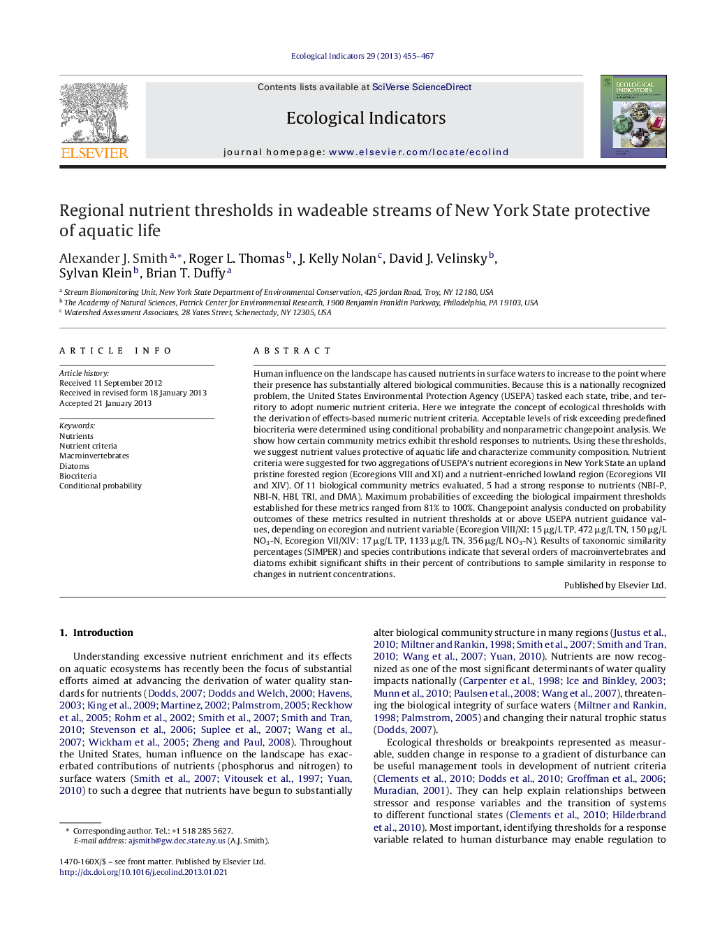 Regional nutrient thresholds in wadeable streams of New York State protective of aquatic life