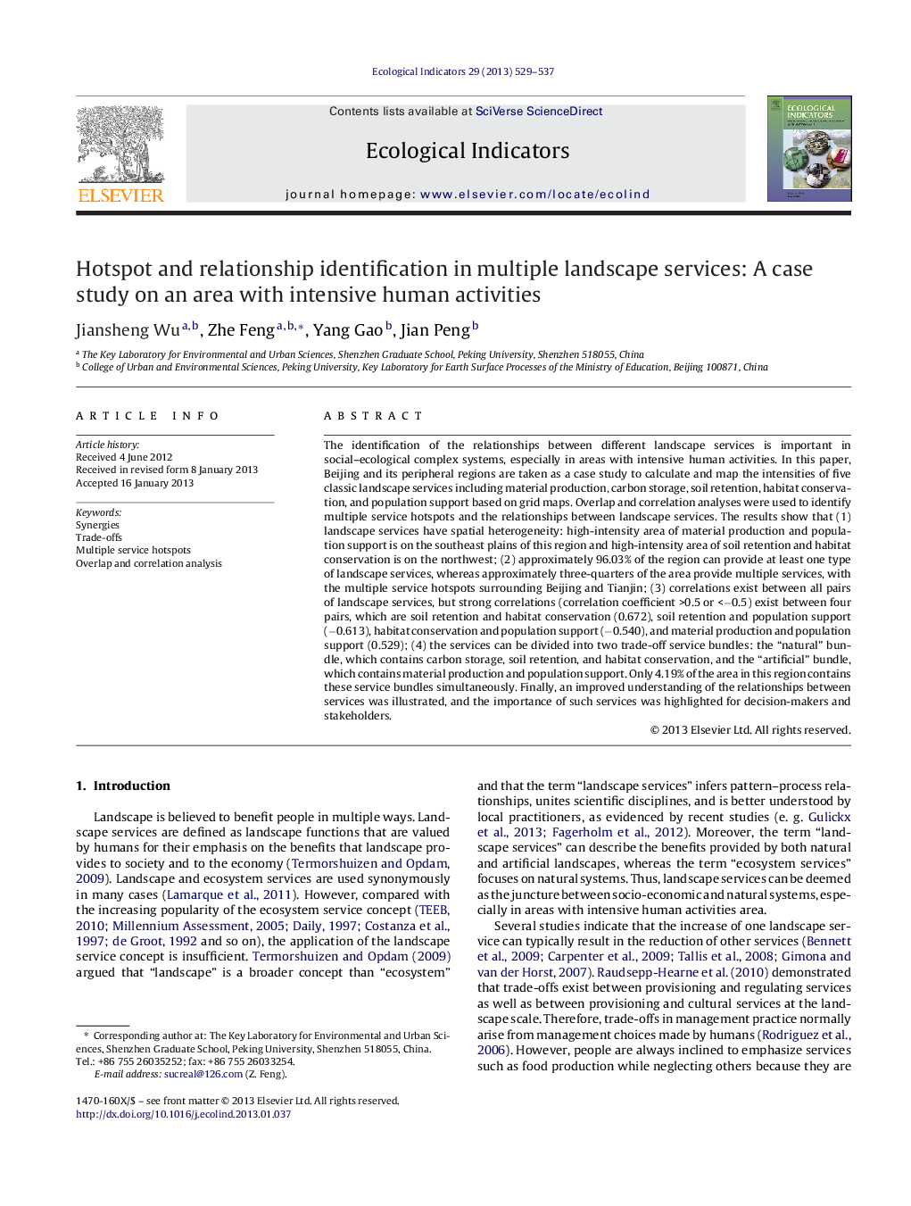 Hotspot and relationship identification in multiple landscape services: A case study on an area with intensive human activities