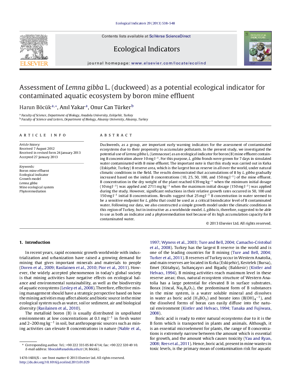 Assessment of Lemna gibba L. (duckweed) as a potential ecological indicator for contaminated aquatic ecosystem by boron mine effluent