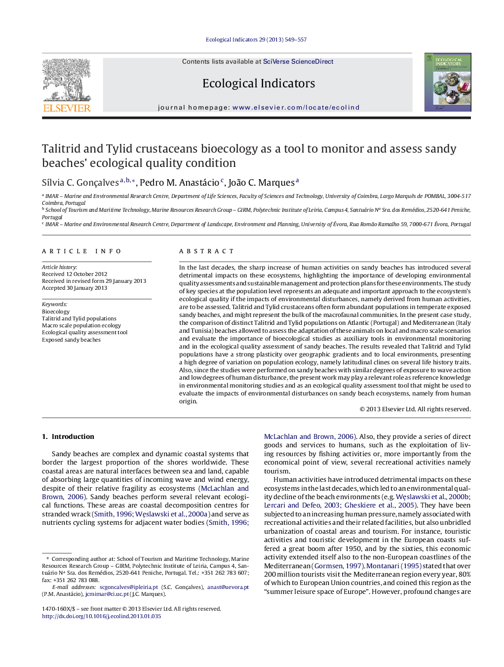 Talitrid and Tylid crustaceans bioecology as a tool to monitor and assess sandy beaches' ecological quality condition