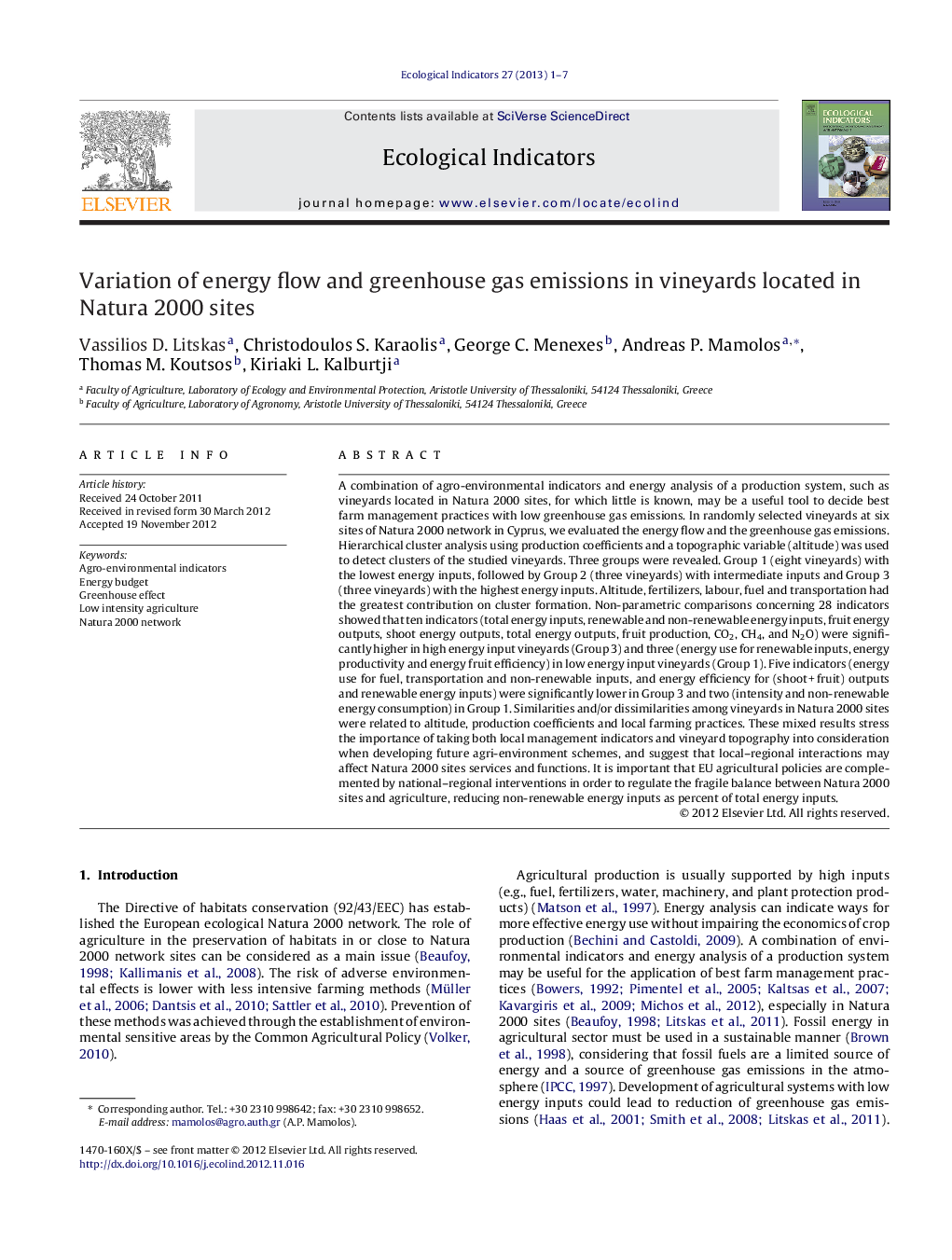 Variation of energy flow and greenhouse gas emissions in vineyards located in Natura 2000 sites