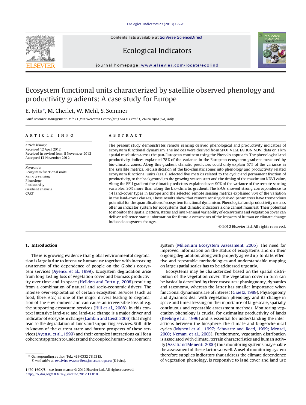 Ecosystem functional units characterized by satellite observed phenology and productivity gradients: A case study for Europe