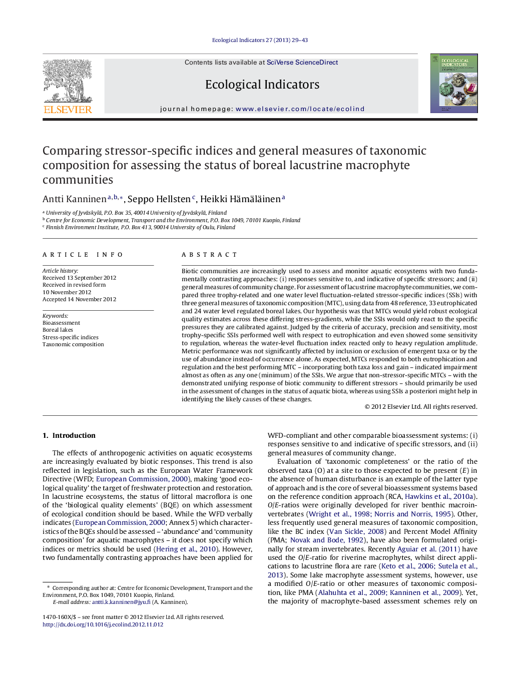 Comparing stressor-specific indices and general measures of taxonomic composition for assessing the status of boreal lacustrine macrophyte communities