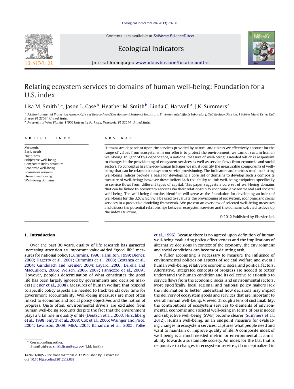 Relating ecoystem services to domains of human well-being: Foundation for a U.S. index