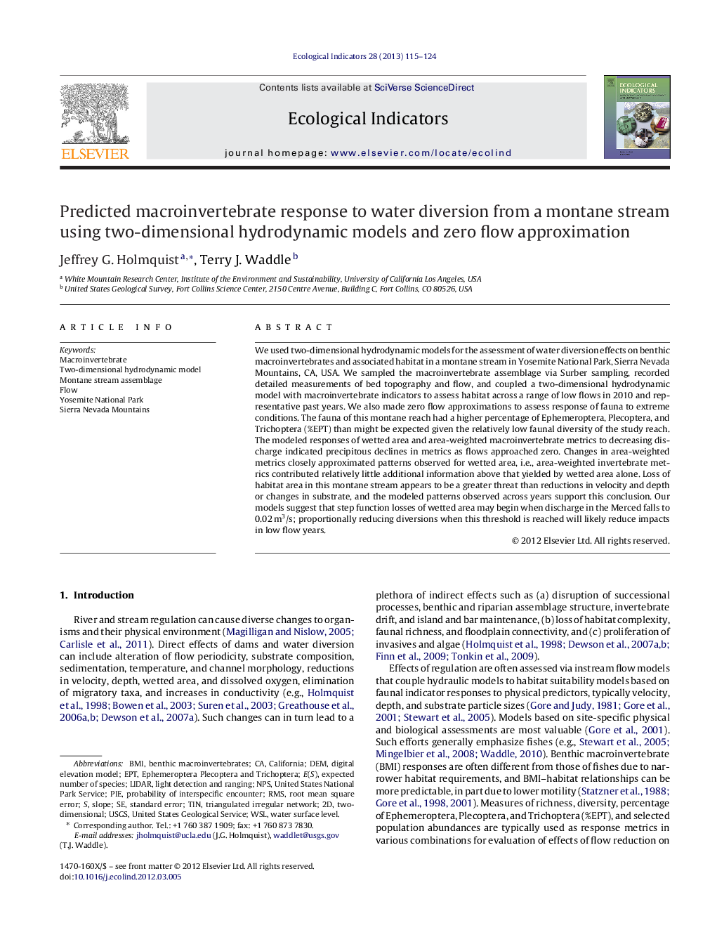 Predicted macroinvertebrate response to water diversion from a montane stream using two-dimensional hydrodynamic models and zero flow approximation