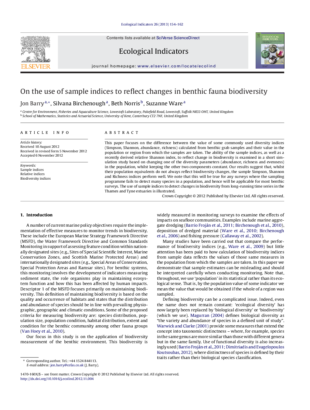 On the use of sample indices to reflect changes in benthic fauna biodiversity