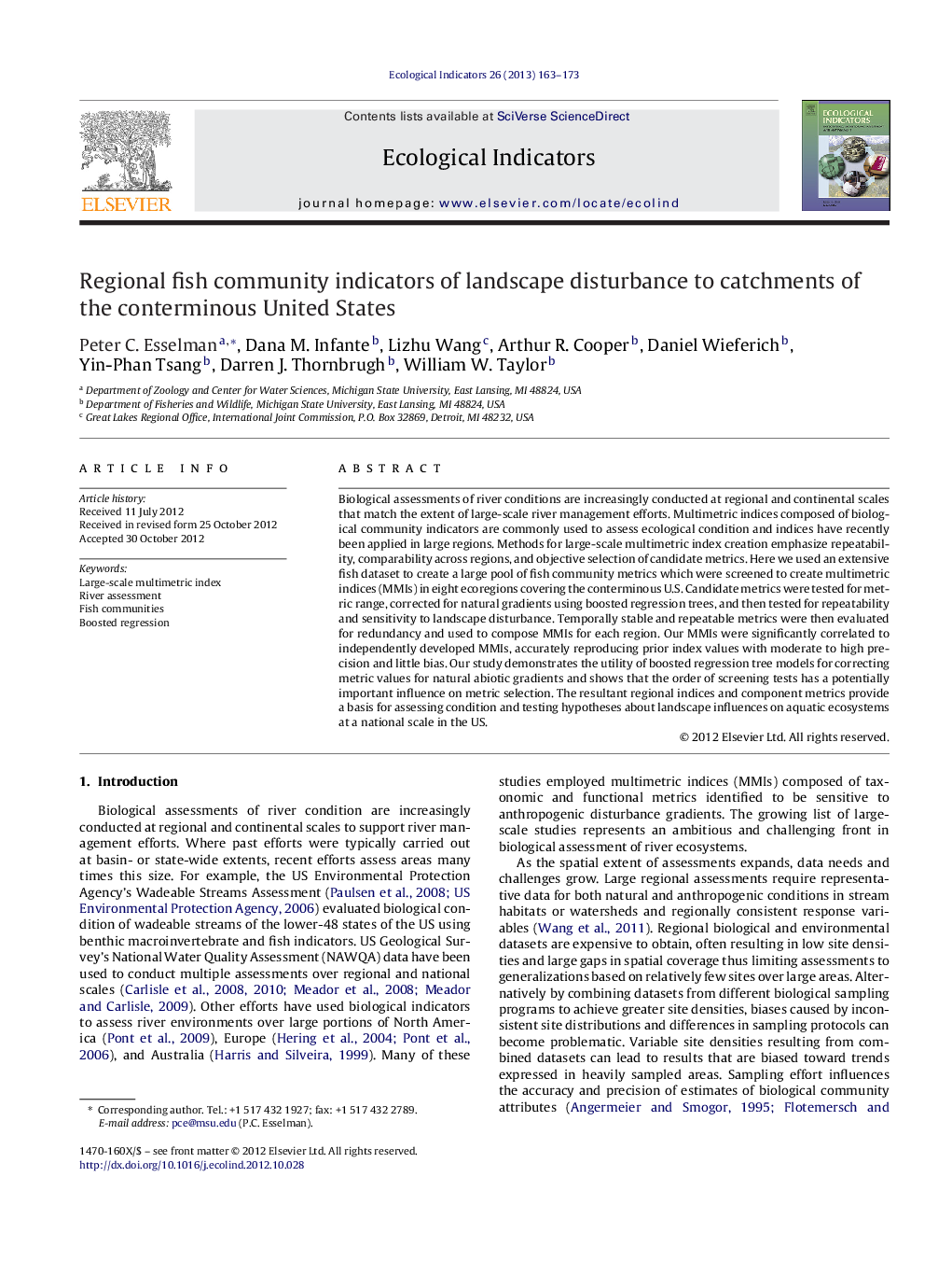 Regional fish community indicators of landscape disturbance to catchments of the conterminous United States