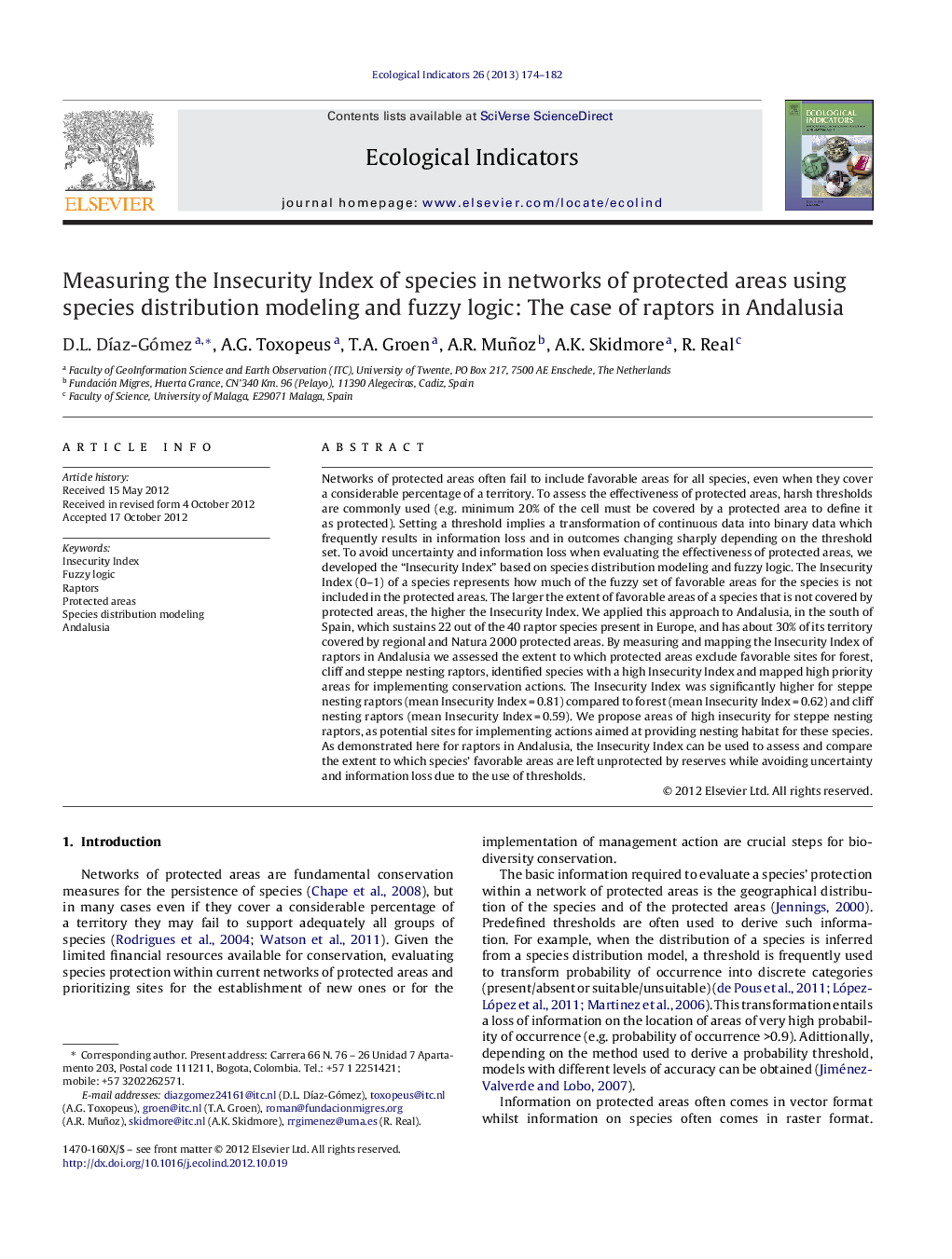 Measuring the Insecurity Index of species in networks of protected areas using species distribution modeling and fuzzy logic: The case of raptors in Andalusia