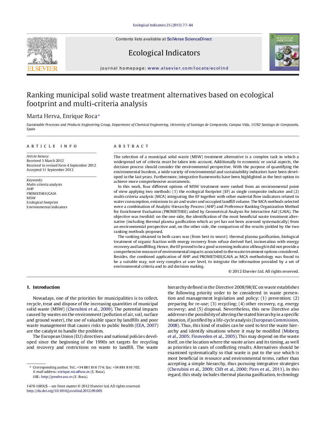 Ranking municipal solid waste treatment alternatives based on ecological footprint and multi-criteria analysis