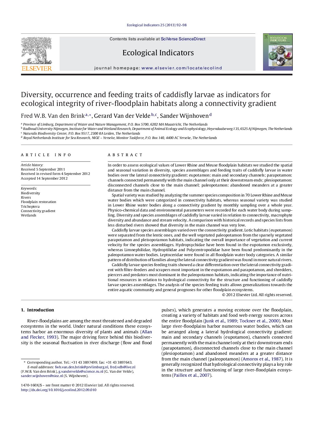 Diversity, occurrence and feeding traits of caddisfly larvae as indicators for ecological integrity of river-floodplain habitats along a connectivity gradient