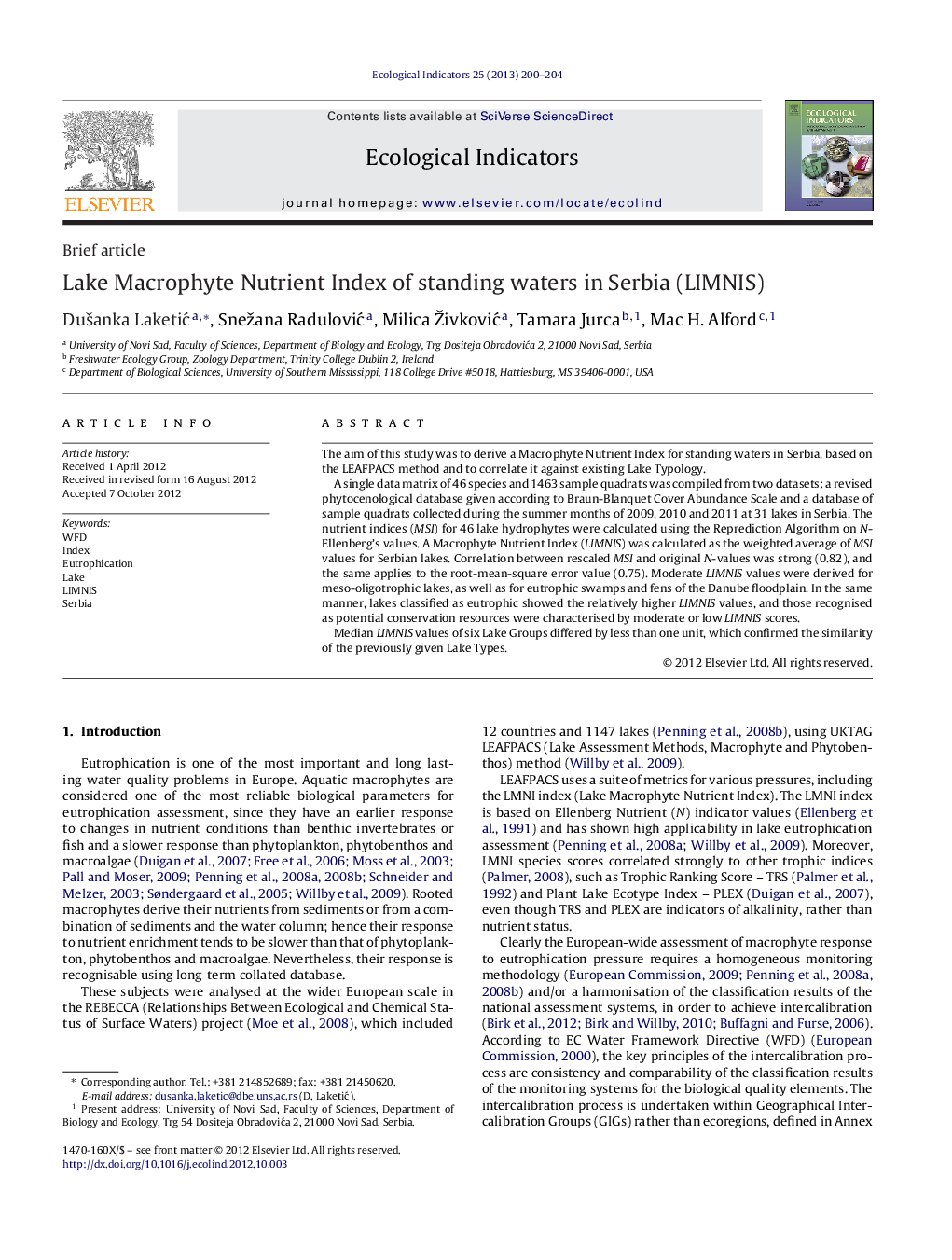 Lake Macrophyte Nutrient Index of standing waters in Serbia (LIMNIS)