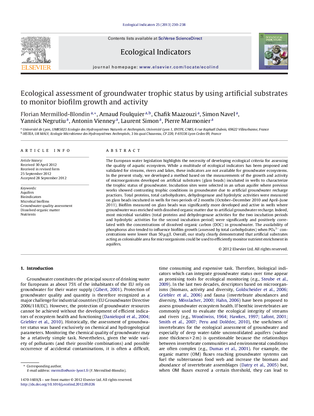 Ecological assessment of groundwater trophic status by using artificial substrates to monitor biofilm growth and activity