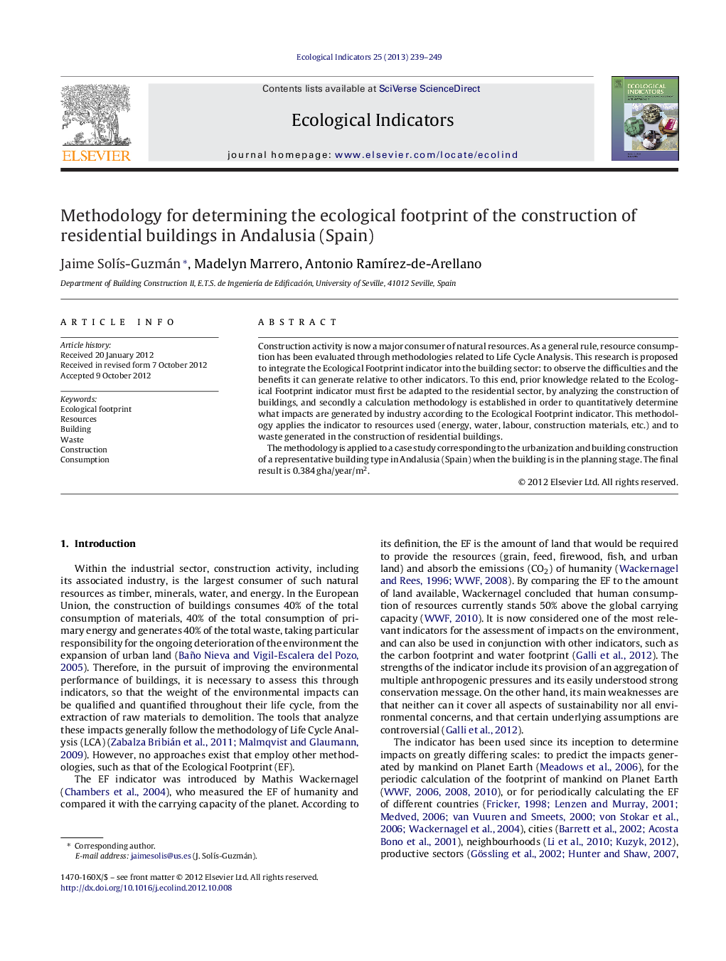 Methodology for determining the ecological footprint of the construction of residential buildings in Andalusia (Spain)