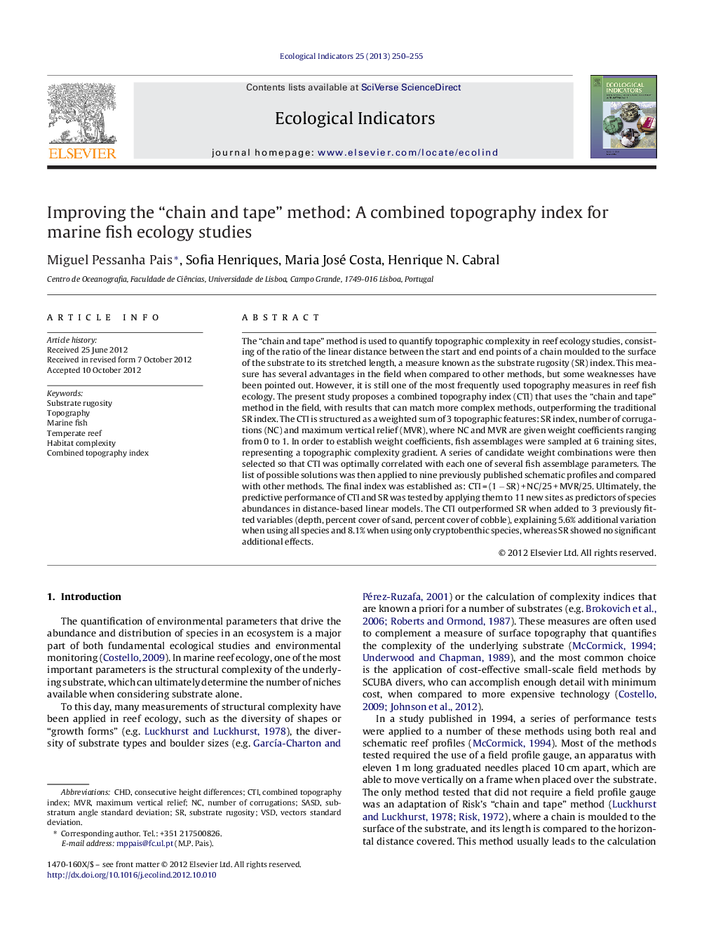 Improving the “chain and tape” method: A combined topography index for marine fish ecology studies