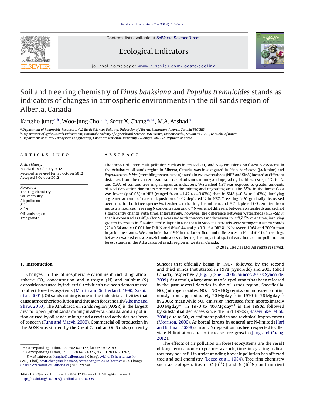 Soil and tree ring chemistry of Pinus banksiana and Populus tremuloides stands as indicators of changes in atmospheric environments in the oil sands region of Alberta, Canada