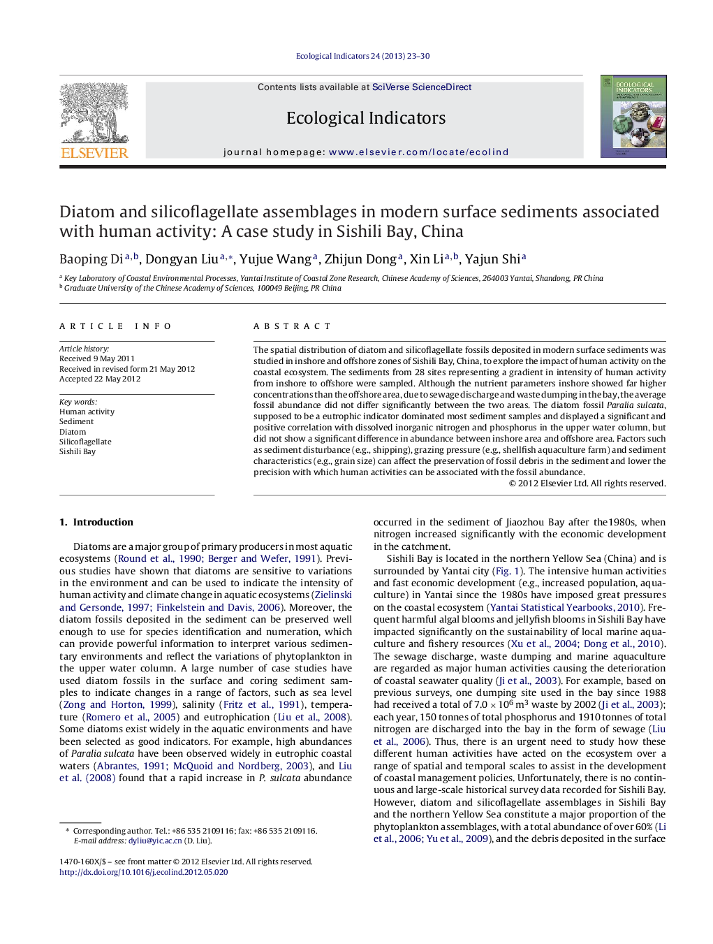 Diatom and silicoflagellate assemblages in modern surface sediments associated with human activity: A case study in Sishili Bay, China