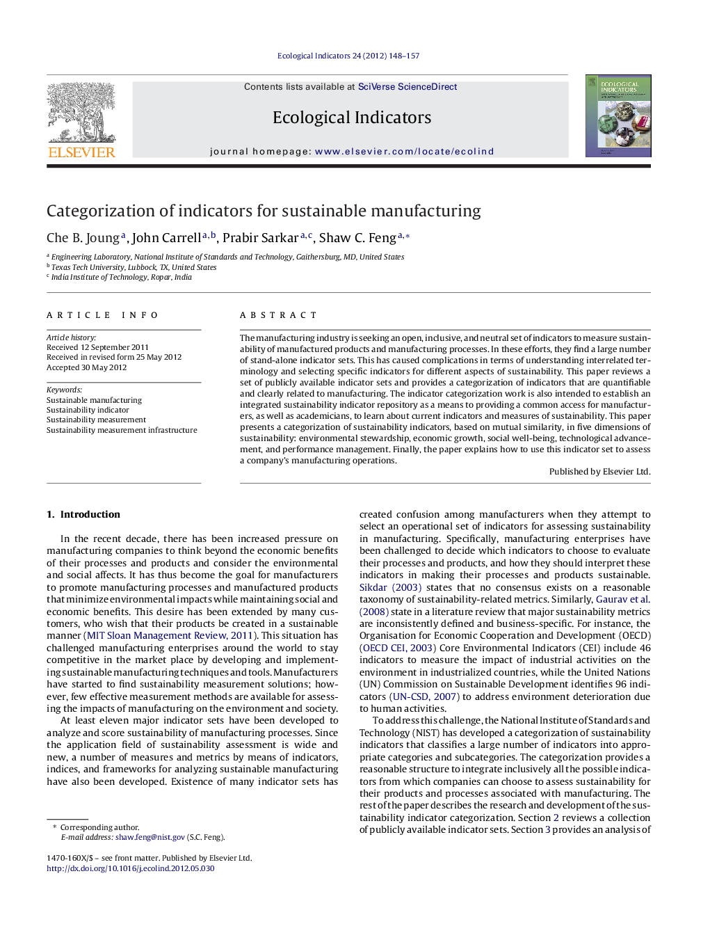 Categorization of indicators for sustainable manufacturing