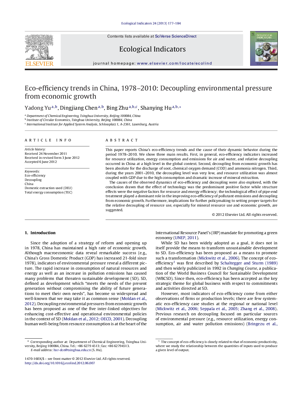 Eco-efficiency trends in China, 1978–2010: Decoupling environmental pressure from economic growth