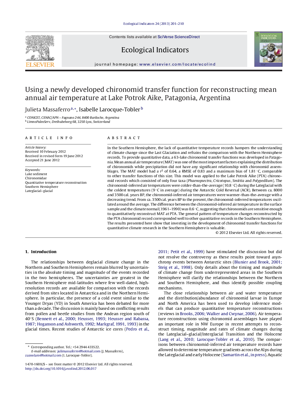 Using a newly developed chironomid transfer function for reconstructing mean annual air temperature at Lake Potrok Aike, Patagonia, Argentina