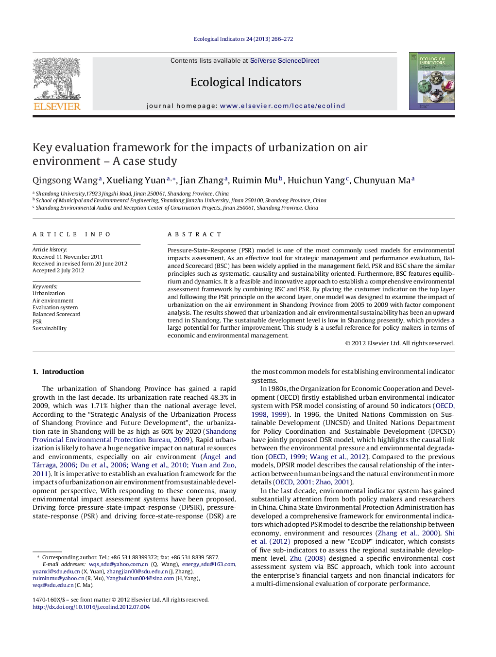 Key evaluation framework for the impacts of urbanization on air environment - A case study