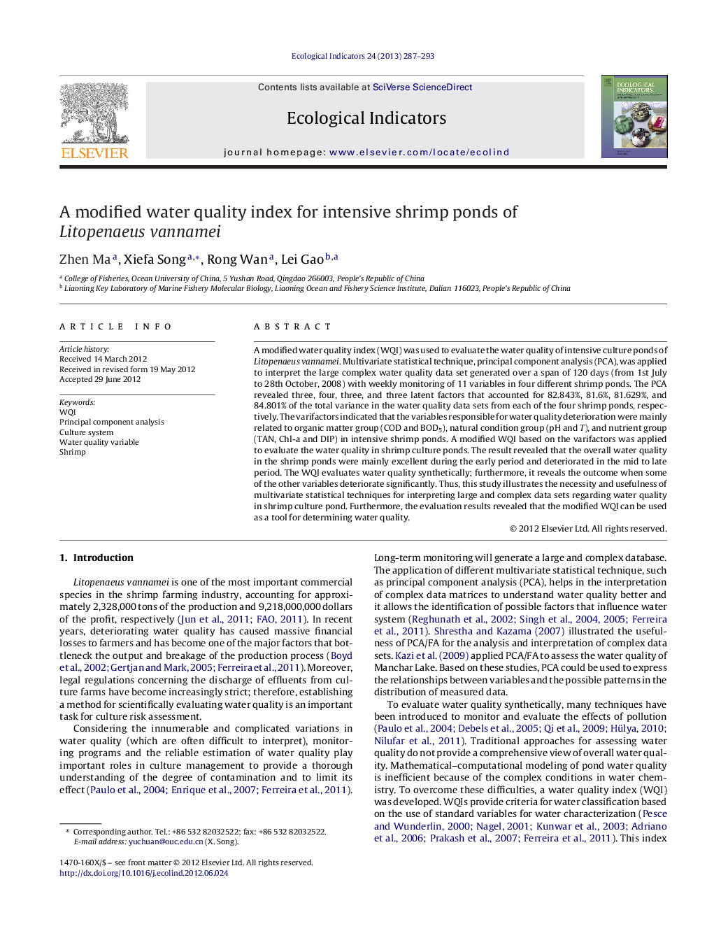 A modified water quality index for intensive shrimp ponds of Litopenaeus vannamei