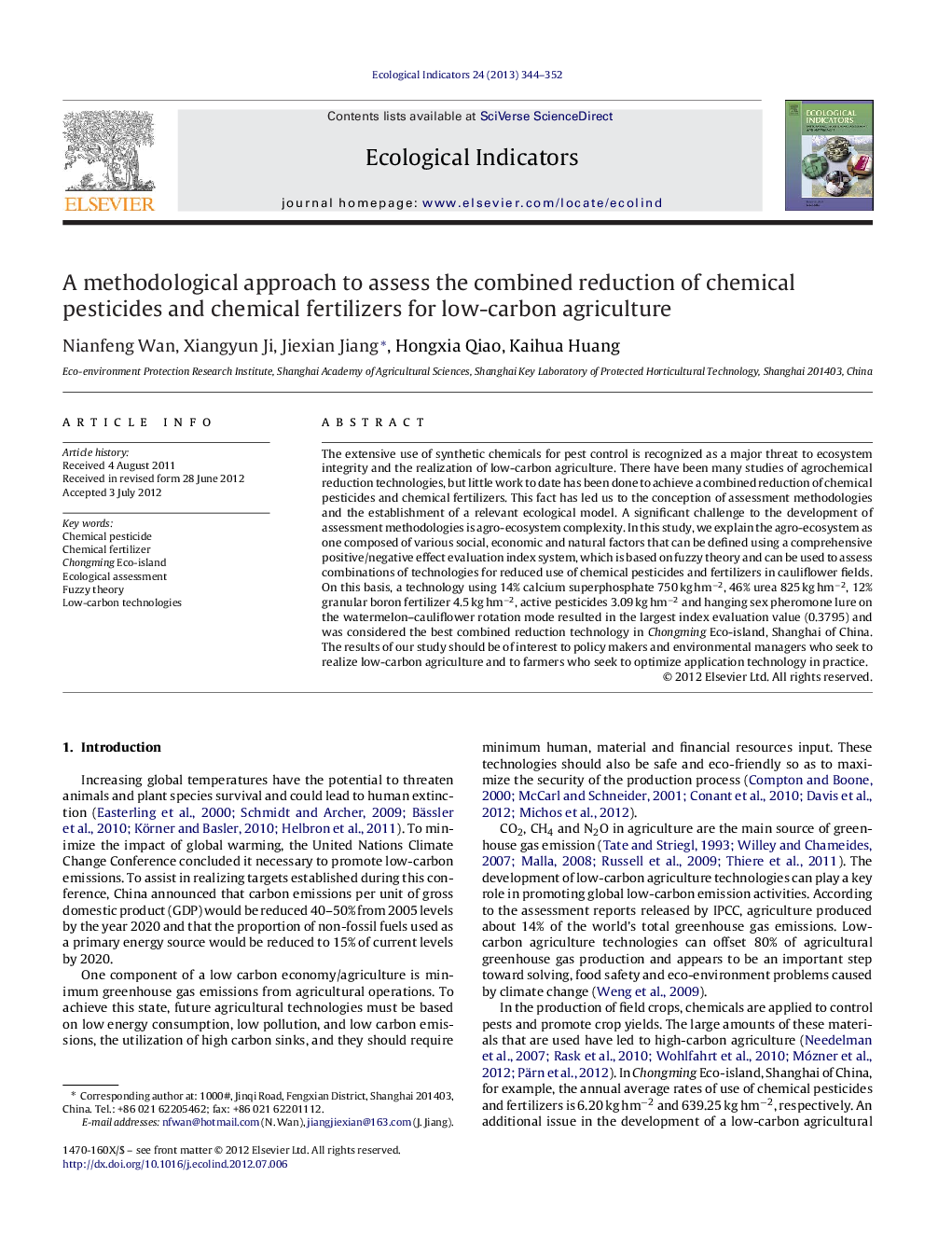 A methodological approach to assess the combined reduction of chemical pesticides and chemical fertilizers for low-carbon agriculture