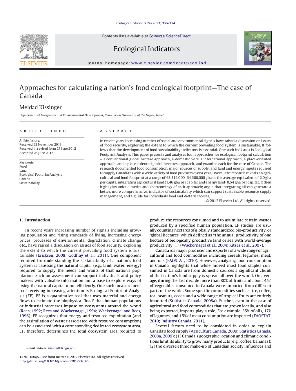 Approaches for calculating a nation's food ecological footprint-The case of Canada