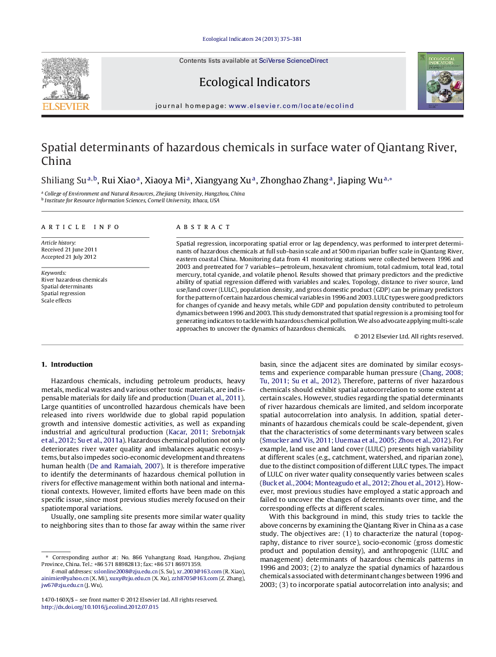 Spatial determinants of hazardous chemicals in surface water of Qiantang River, China