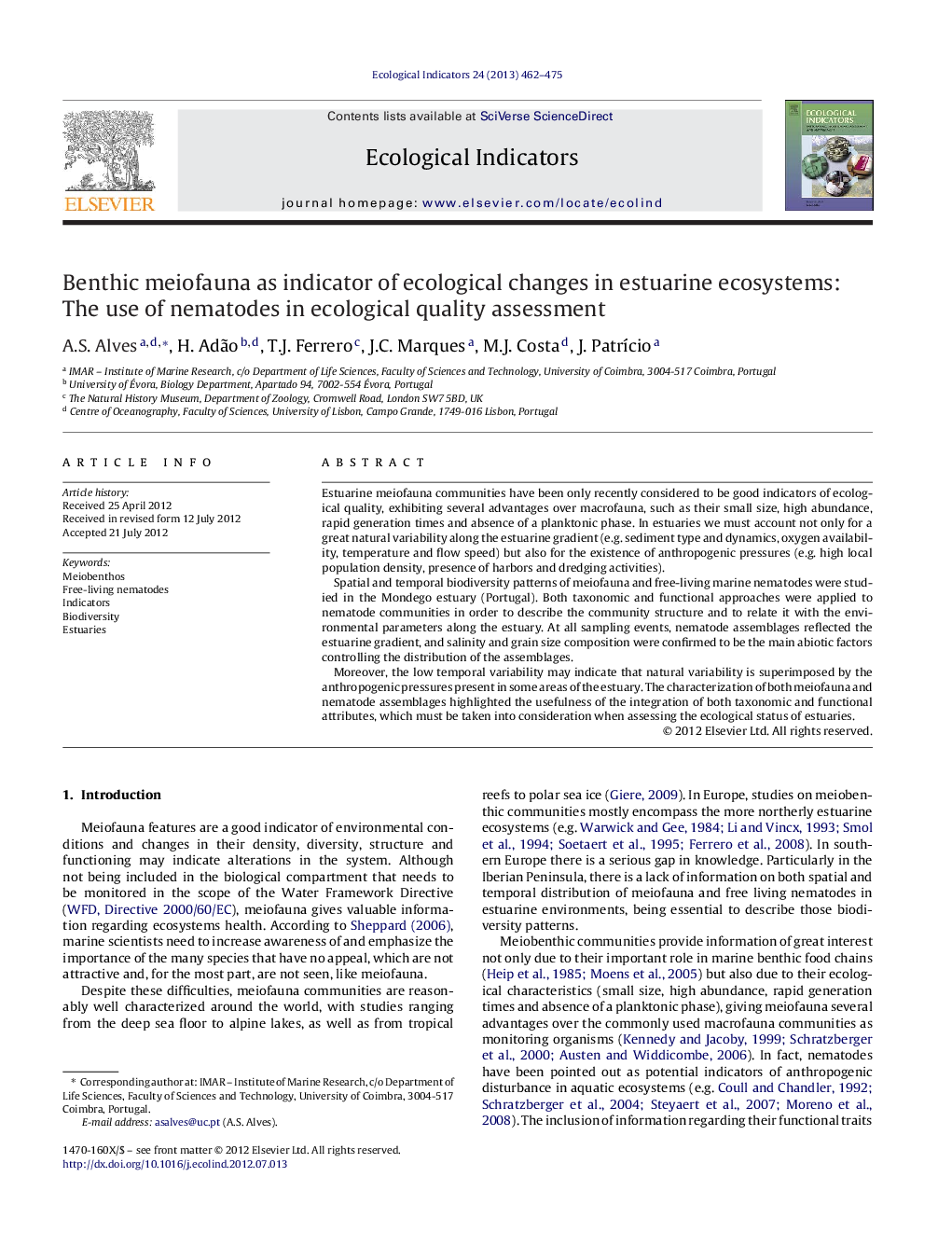 Benthic meiofauna as indicator of ecological changes in estuarine ecosystems: The use of nematodes in ecological quality assessment