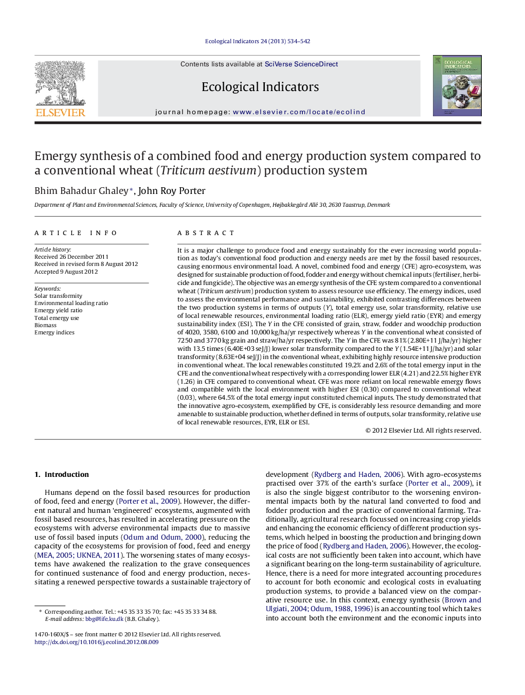 Emergy synthesis of a combined food and energy production system compared to a conventional wheat (Triticum aestivum) production system