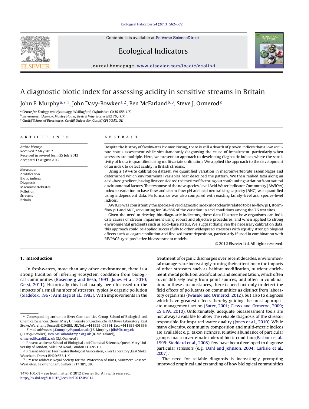 A diagnostic biotic index for assessing acidity in sensitive streams in Britain