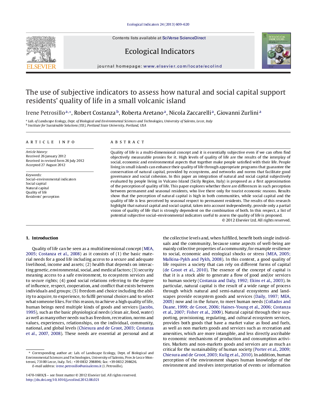 The use of subjective indicators to assess how natural and social capital support residents’ quality of life in a small volcanic island