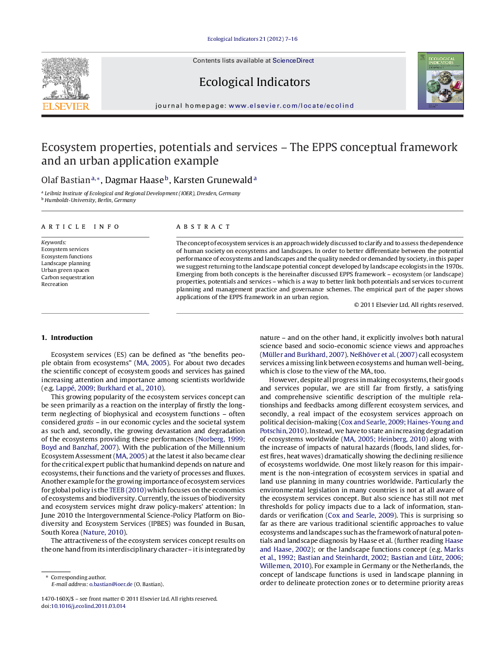 Ecosystem properties, potentials and services – The EPPS conceptual framework and an urban application example