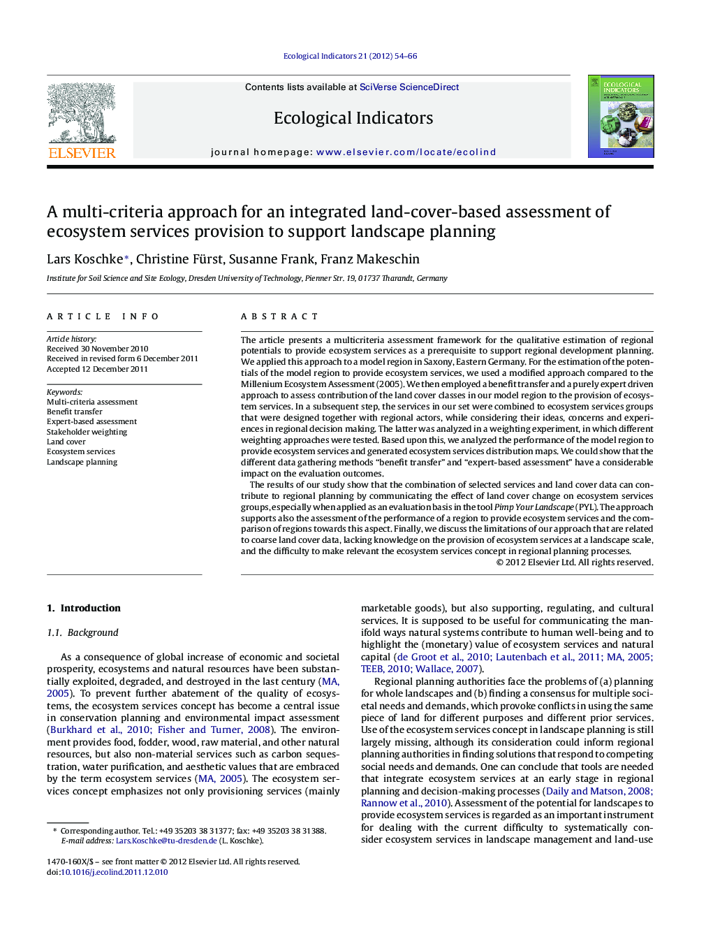 A multi-criteria approach for an integrated land-cover-based assessment of ecosystem services provision to support landscape planning
