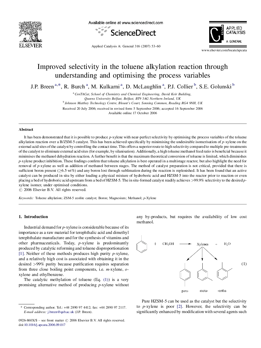 Improved selectivity in the toluene alkylation reaction through understanding and optimising the process variables