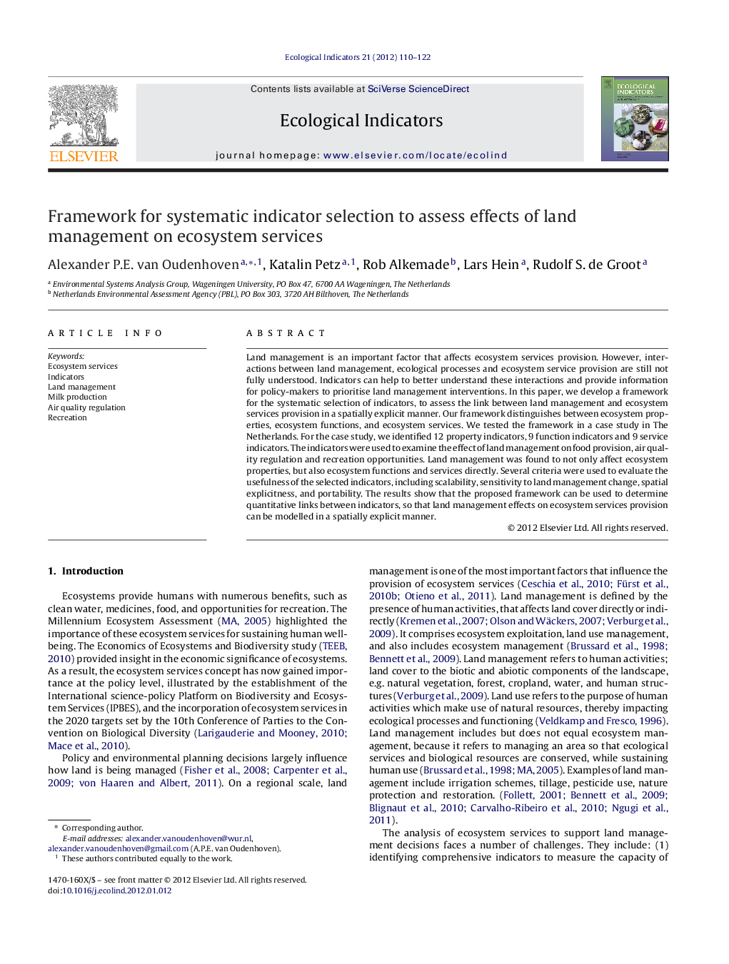 Framework for systematic indicator selection to assess effects of land management on ecosystem services