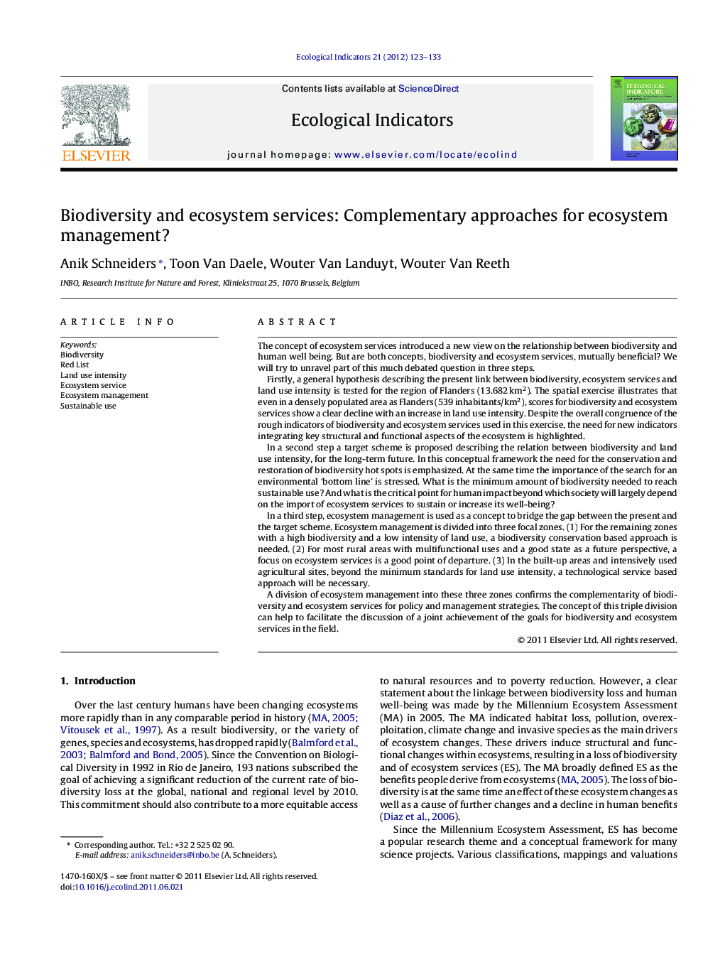 Biodiversity and ecosystem services: Complementary approaches for ecosystem management?