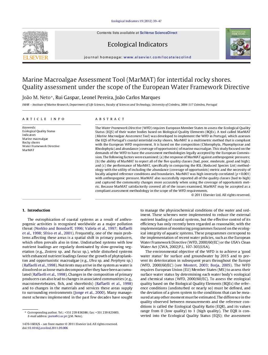 Marine Macroalgae Assessment Tool (MarMAT) for intertidal rocky shores. Quality assessment under the scope of the European Water Framework Directive