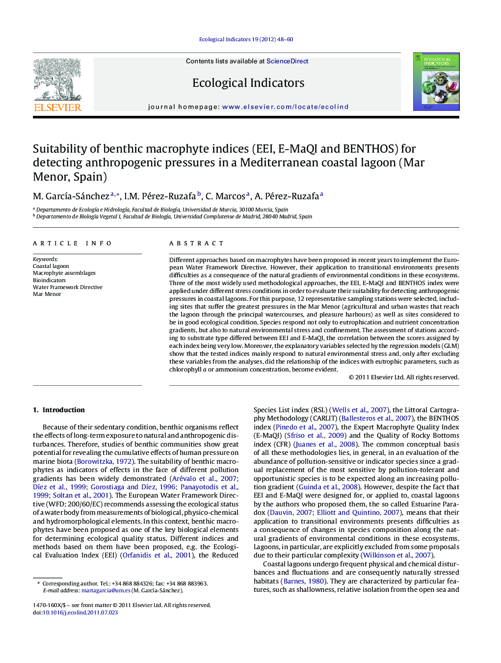 Suitability of benthic macrophyte indices (EEI, E-MaQI and BENTHOS) for detecting anthropogenic pressures in a Mediterranean coastal lagoon (Mar Menor, Spain)
