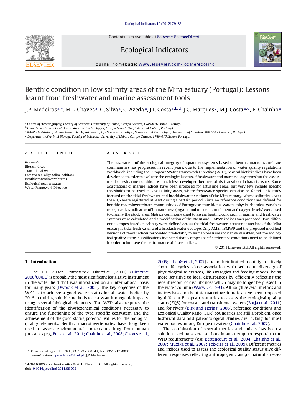 Benthic condition in low salinity areas of the Mira estuary (Portugal): Lessons learnt from freshwater and marine assessment tools